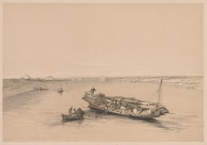 エジプトとヌビア：第I巻-第4号、ナイル川のスレーブボート、向こうを見る...、1838年。 作： Louis Haghe