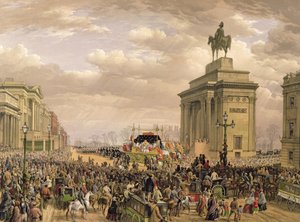 トーリントンピッケン（fl.1838-1870）によって彫刻された、1852年11月18日、アプスリーハウスのアーチ道を通過するウェリントン公爵の葬儀。アッカーマンとデイ、1853年