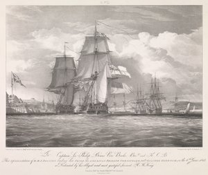 1813年6月6日、ノヴァ・スコシアのハリファックス港に入港したアメリカ軍フリゲート「チェサピーク」（1806）を拿捕するHMS「シャノン」（1815年頃）（リトグラフ 作： Louis Haghe