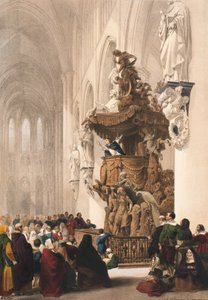 ブリュッセルの聖ガジュールの説教壇、「ハゲのスケッチのポートフォリオ：ベルギー、ドイツ」のシート5、1845-55年 作： Louis Haghe