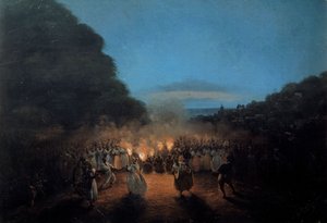 バンブーラはかつて、西インド諸島の黒人奴隷ダンス シーンで松明に照らされて竹 (または棒) を踊っていました。 オノレ ガマン (1803-1871) の絵画 19 世紀 ラ ロシェル、新世界博物館 作： Louis Honore Gamain