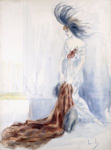 羽毛の帽子と毛皮のコートを着たエレガントな女性 作： Louis Icart
