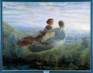 The poem of the soul; The flight of the soul（魂の飛翔）は、緑の風景の上で宙に浮いた若い女性が、叙情的な雰囲気の中でミューズを伴っている様子を描いたもの。ルイ・ジャンモ（1814-1892）による絵画、19世紀。Lyon, Musee Des Beaux Artsv- 魂の詩: t 作： Louis Janmot