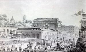 ナポリ博物館に運ばれるヘルクラネウムの古代遺物、1782年頃（ペン、インク、水彩、紙 作： Louis Jean Desprez