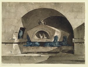 スフィンクスとフクロウを描いたエジプト様式の墓所 作： Louis Jean Desprez