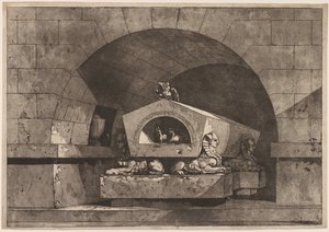 スフィンクスの墓：スフィンクスが支えている石棺のフクロウの墓碑、c。 1779-84。