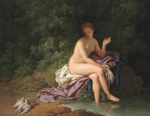 川辺で水浴びをする女性と2羽のキジバト