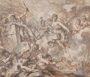 アイオロスに風を解き放つよう命じるジュノ、1775年。 作： Louis Jean Jacques Durameau