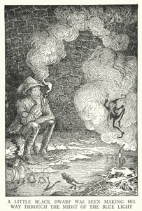 青い光の中を小さな黒い小人が進んでいるのが見えた（リトグラフ 作： Louis John Rhead