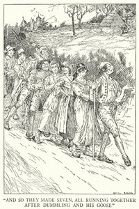 "And so they made seven, all running together after Dummling and his goose" (litho) 作： Louis John Rhead