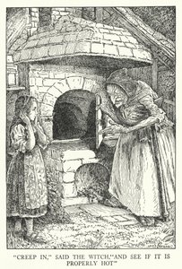 「魔女は「忍び込んで、ちゃんと熱いかどうか見てごらん」と言いました。 作： Louis John Rhead