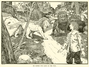 彼は2頭のライオンを道連れにした（エングレービング 作： Louis John Rhead