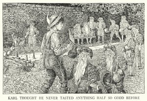 カールは「こんなにおいしいものは初めてだ」と言っていた（リトグラフ）。 作： Louis John Rhead