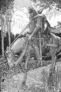 Mordred (Modred) ferido após a batalha de Camlann contra seu pai, o rei Arthur (Mordred ferido após a batalha de Camlann) Ilustração de Louis Rhead (1858-1926) de “King Arthur and his knights” 1923 Coleção particular