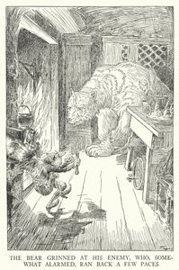 熊は敵に向かってニヤリと笑い、敵は少し驚いて数歩後退した（リトグラフ 作： Louis John Rhead