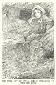 料理人は夜明け前に早起きして、牛に餌を与えた（リトグラフ 作： Louis John Rhead