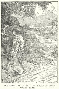 犬がベーコンを食べて帰るハンス（リトグラフ 作： Louis John Rhead