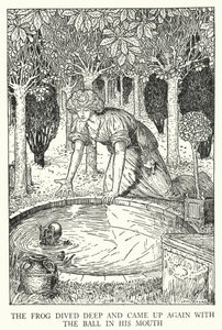 カエルは深く潜り、ボールを咥えて再び上がってきた（リトグラフ 作： Louis John Rhead