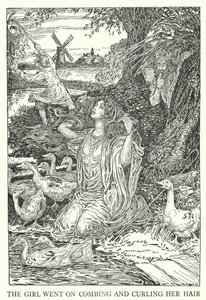 少女は髪を梳いたり巻いたりしていた（リトグラフ 作： Louis John Rhead