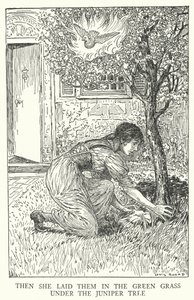 彼女はそれらをジュニパーの木の下の青草の中に置いた（リトグラフ 作： Louis John Rhead