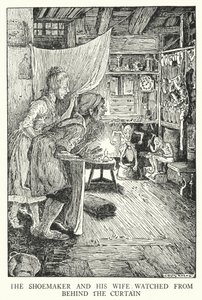 幕の後ろから見ていた靴職人とその妻（リトグラフ 作： Louis John Rhead
