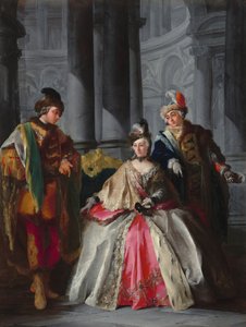 仮面舞踏会の衣装を着た3人の人物、1740年代頃