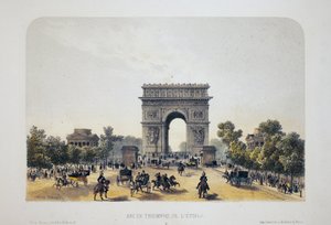 パリ、エトワールの凱旋門。水彩画のリトグラフ、Arnoutによるイラスト、「Album, souvenirs de Paris」に収録、Daziaro編集部、パリ 作： Louis Jules Arnout