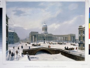 サンクトペテルブルクのカザン大聖堂。 Louis Jules Arnout (1814-1868) によるリトグラフ、1840 年頃に水彩で着色。フランスの芸術、古典主義。 A. プーシキン記念博物館、サンクトペテルブルク。