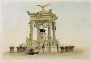 アンヴァリッド教会 (パリ、フランス) のナポレオン 1 世ボナパルト (1769-1821) の棺。 （アンヴァリッドの教会にあるナポレオンの棺）。 Louis Jules Arnout (1814-1868)、リトグラフ、水彩の作品。 19世紀フランスの芸術、古典主義。