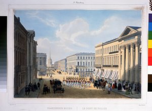 ストロガノフ宮殿のネフスキー大通りから見たサンクトペテルブルクの警察橋。 Louis Jules Arnout (1814-1868) によるリトグラフ、着色 作： Louis Jules Arnout