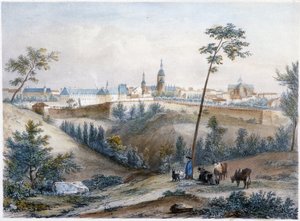 ブルトンの田園風景の中のブービエ（遠くにディナン） - ジャコッテとブノワのリトグラフ 作： Louis Julien Jacottet