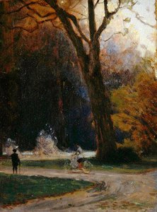 カッセル、カールザウエイ公園のサイクリスト（油彩・厚紙） 作： Louis Kolitz
