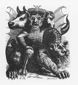 聖書の悪魔アスモデウスまたはアシュメダイ悪魔の王-コラン・ド・プランシー著「地獄の辞典」に掲載-L.ブルトンによるエングレーヴィングである。パリ