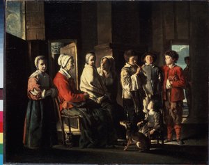 ""The Visit to the Grandmother"" (The Visit to the Grandmother) 農民の室内で年配の女性の周りに家族が集まり、若い男の子の 1 人が笛を吹いています。 世代を超えた家族単位の寓話。 ルイの絵 作： Louis le Nain