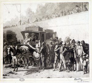 ボイリーの絵（1803年）に合わせてレオン・マロットが描いたヘリオグラヴュール「勤勉者の到着」。 作： Louis Leopold (after) Boilly