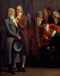 画家ジャン・バティスト・イサベ（1767-1855）の工房で出会う芸術家たち「赤い服のイサベが画家のフランソワ・ジェラールに絵の説明をしている。プリュドアンはピアノの演奏者、次に彫刻家のコルベ、ドロリング。一番左が音楽家のメ