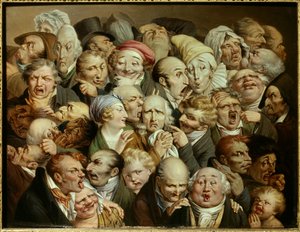 カリカチュア：滑稽な表情のシリーズ「35人の表情の再会」 Louis Leopold Boilly（1761-1845）による絵画 1825年頃 木に油彩 薄暗い。0.19x0.25 m Tourcoing, musee des Beaux Arts - 35人の表情の再会。カートゥーン：Rの研究
