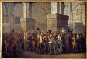 フランス革命；「マラットの凱旋」 宣教師ジャン・ポール・マラット（1743-1793）は、1793年に革命法廷で無罪判決を受けた後、民衆によって凱旋されました。ルイ・レオポルド・ボワイ（1761-1845）によるマルフレ紙に描かれた絵画 18世紀 日0,8x1,2 作： Louis Leopold Boilly