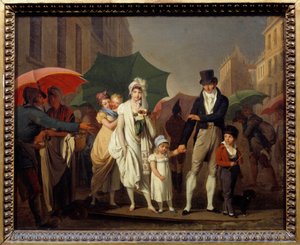 雨から身を守るパリ・プルミエ・エンパイア・ファッションのブルジョワ・シャワー。Louis leopold Boilly (1761-1845)の絵画 19世紀の太陽。0,32x0,4 m - 土砂降りの雨。第一帝政期のファッションに身を包んだパリのブルジョワたちが雨から身を守っている。 作： Louis Leopold Boilly