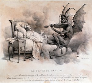 イタリアの作曲家ジュゼッペ・タルティーニが見たバイオリンを弾く悪魔の夢が、後に「悪魔のトリルソナタ」となる（イラストレーション