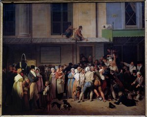 曖昧なコミックの劇場の入り口には、自由な表現があります。 ルイ・レオポルド・ボイ（1761-1845）の絵画 日。0,66x0,80 m. 作： Louis Leopold Boilly