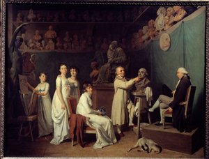 彫刻家ジャン・バティスト・ウードン（1741-1828）の工房。彫刻家のモデルは数学者のピエール＝シモン・ラプラス（1749-1827）Marquis de Laplaceで、妻と娘たちがいるところです。ルイ・レオポルド・ボイ（1761-1845）による絵画 1804年 パリ、デ 作： Louis Leopold Boilly