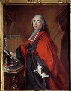 奉行の肖像。机の上には十字架と筆記用具が置かれています。ルイ・トック（1696-1772）の作品