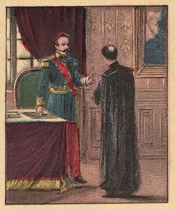 ナポレオン3世とルイ・ガストン・ド・セギュール (ルイ・ガストン・ド・セギュール) (1820-1881) エリゼのフランス司教 - - 「目による宗教的教え」からの彫刻。 ルイ・メイトルジャンとジョルジェ・ラモンドによる素晴らしいアルバム - フランス 1910 作： Louis Maitrejean