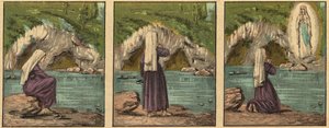 ルルドの聖母マリアの出現 - 聖母は 1858 年にルルドでベルナデット・スビルス (1844-1879) に現れる - - 「目による宗教的教え」からの彫刻。 ルイ・メイトルジャンとジョルジェ・ラモンドによる素晴らしいアルバム - フランス 1910 作： Louis Maitrejean