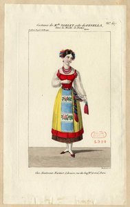 フェネラ役のミス・ノブレット。 オペラ「La muette de Portici」の衣装デザイン、1828年。 作： Louis Maleuvre