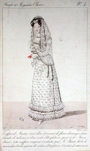 ジョルジュ・ジャック・ガティーヌ（1773-1831）が彫った「Haute et Moyenne Classes」シリーズのファッションプレートNo.4「ウェディングドレスとコワフュール」19世紀初頭のカラーエングレービング 作： Louis Marie (after) Lante