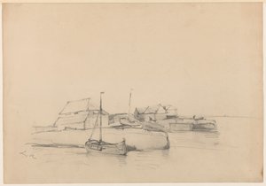 海岸の家屋と 2 隻の船 作： Louis Meijer