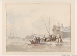 前景のボートの近くの漁師とのビーチ シーン 作： Louis Meijer