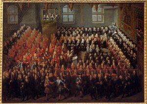 ルイ15世（1710年〜1774年）がルイ14世（1638年〜1715年）の意志を断ち切るために、パリ議会の大法廷で行った裁判のベッド